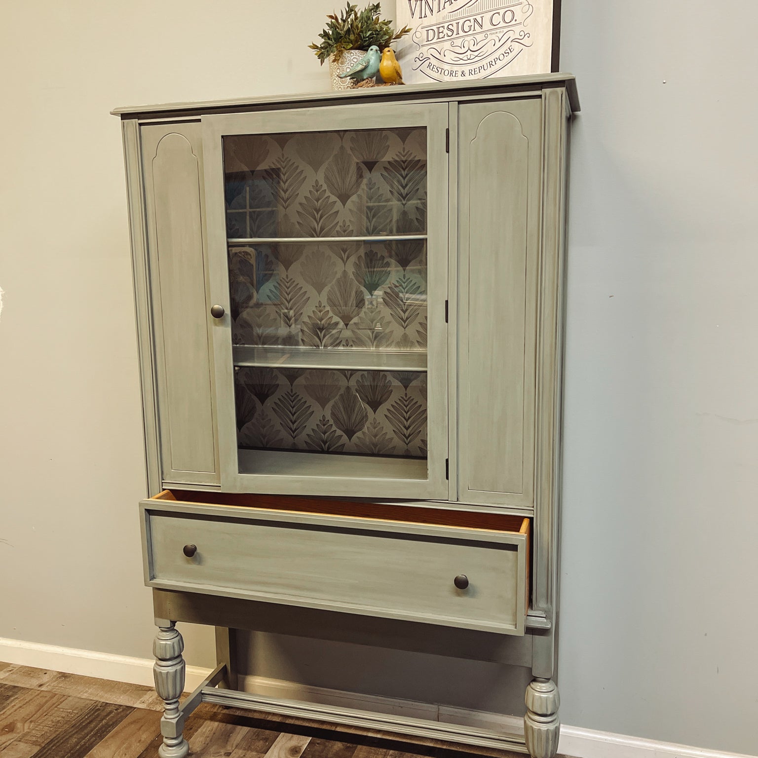 Antique China Hutch - Sage Grey